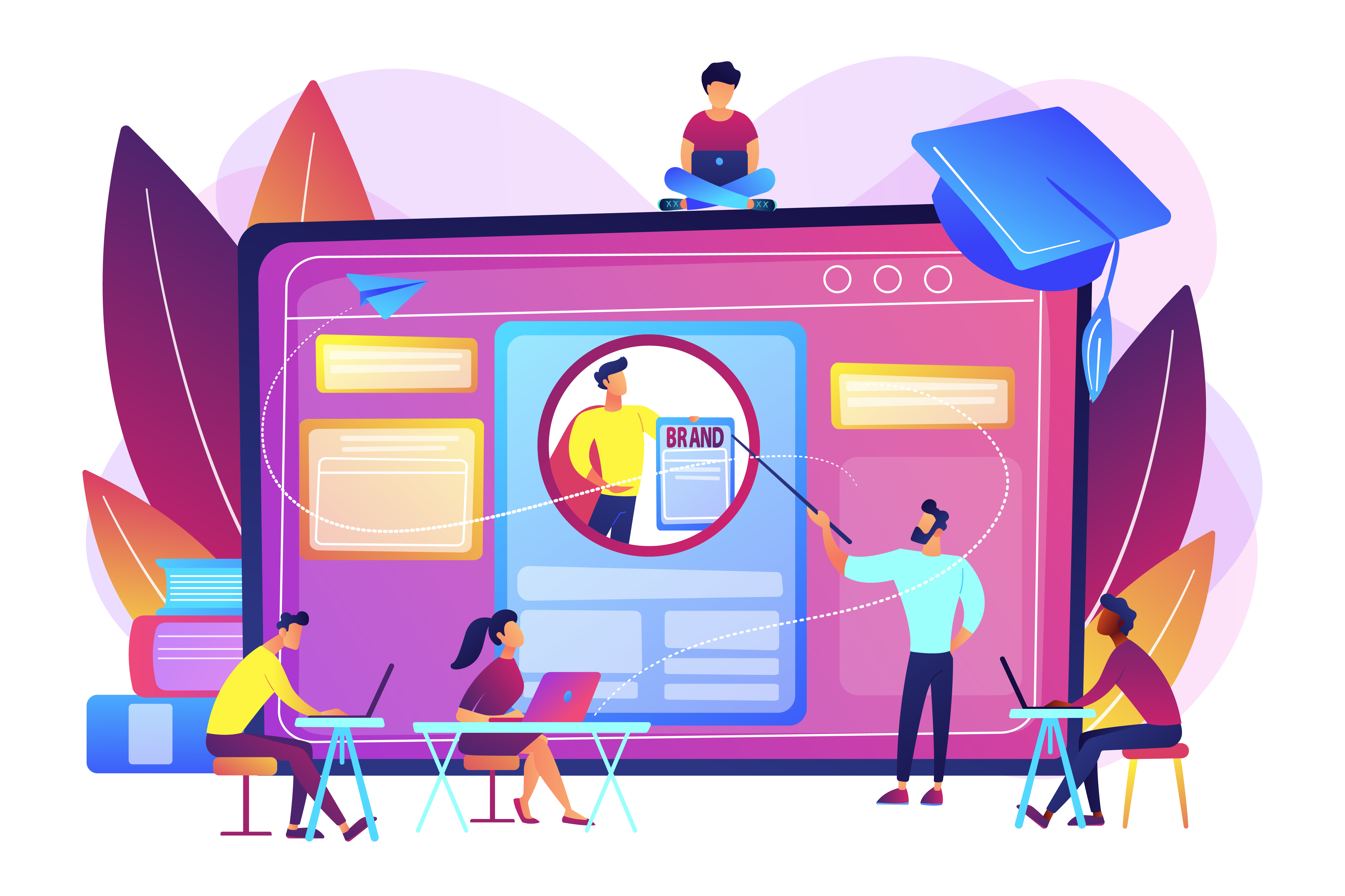 Marketing students create corporate identity. Personal branding course, strategic self-marketing education, personal branding online courses concept. Bright vibrant violet vector isolated illustration